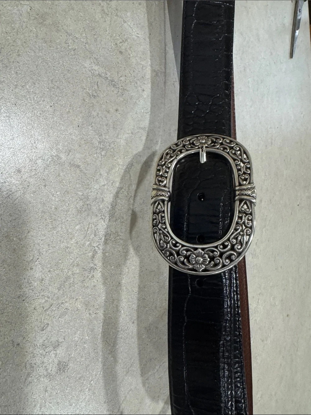 Brighton Black Croc-Embossed Leather Belt with Ornate Silver Buckle